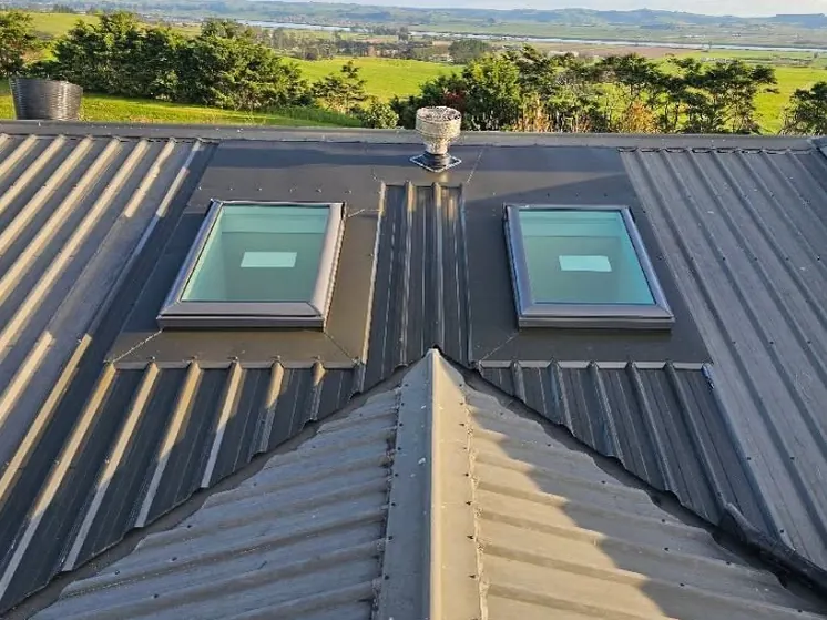 Two new skylights flashed into a dark corrugated roof at Arapohue, with farmland and the river behind
